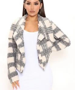 Fashion Nob Winter Blowout City Living Plaid Sherpa Jacket - Charcoal
