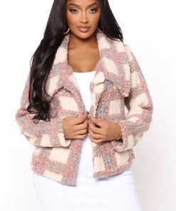 Fashion Nob City Living Plaid Sherpa Jacket - Mauve