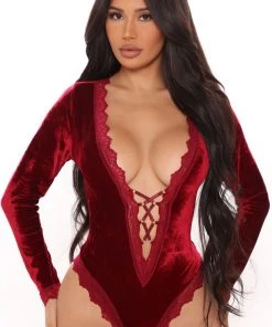 Fashion Nova Teddies & Babydolls Wine By The Fireplace Long Sleeve Velvet Teddy - Wine