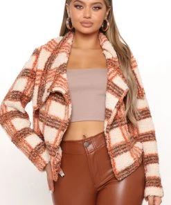 Fashion Nob City Living Plaid Sherpa Jacket - Orange Winter Blowout