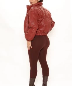 Fashion Nob There's No Rush Puffer Jacket - Brick Red Winter Blowout