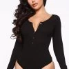 Fashion Nova Hazel Ribbed Henley Bodysuit - Black