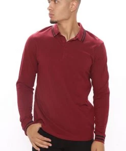 Fashion Nova Wilson Long Sleeve Polo - Burgundy