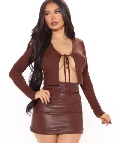 Fashion Nova Keep Them Tied Top - Brown