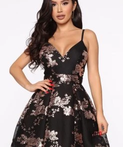 Mysite Farrah Fit And Flare Mini Dress - Black/Rose Gold DRESSES