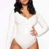 Fashion Nova Hazel Ribbed Henley Bodysuit - White Teddies & Babydolls