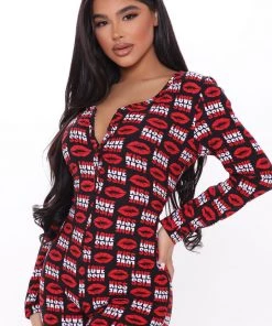 Fashion Nob Best Sellers Addictive Kisses PJ Jumpsuit Onesie - Red/combo
