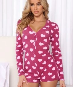 Fashion Nob Sleepwear & Robes Heart To Heart Ribbed PJ Romper Onesie - Purple