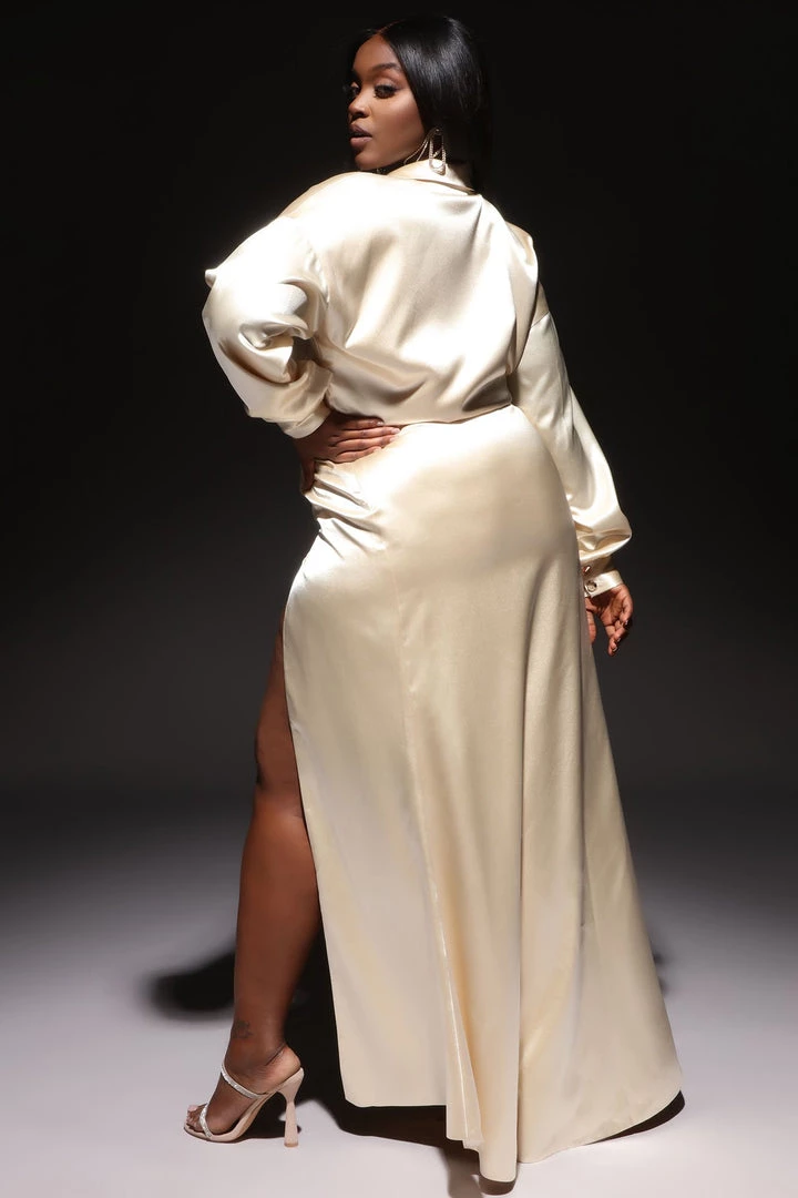 Fashion Nova Teddies & Babydolls Elizabeth Satin Maxi Shirt Dress - Champagne