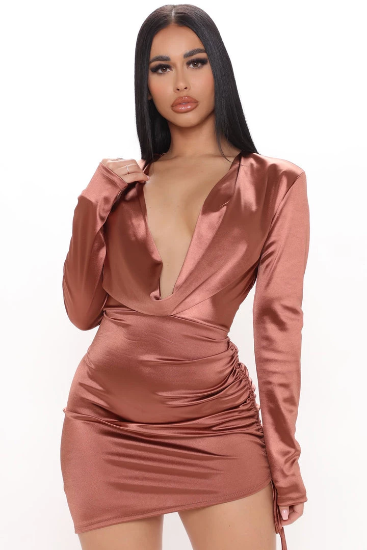 Fashion Nob DRESSES Satin Secrets Ruched Mini Dress - Rose 1 Fashion Nob DRESSES Satin Secrets Ruched Mini Dress - Rose