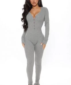 Fashion Nob Cozy Up To Me PJ Jumpsuit Onesie - Heather Grey