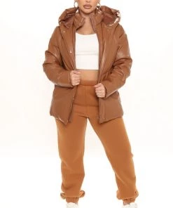 Fashion Nob Winter Blowout Cool Girl Faux Leather Puffer Jacket - Cognac