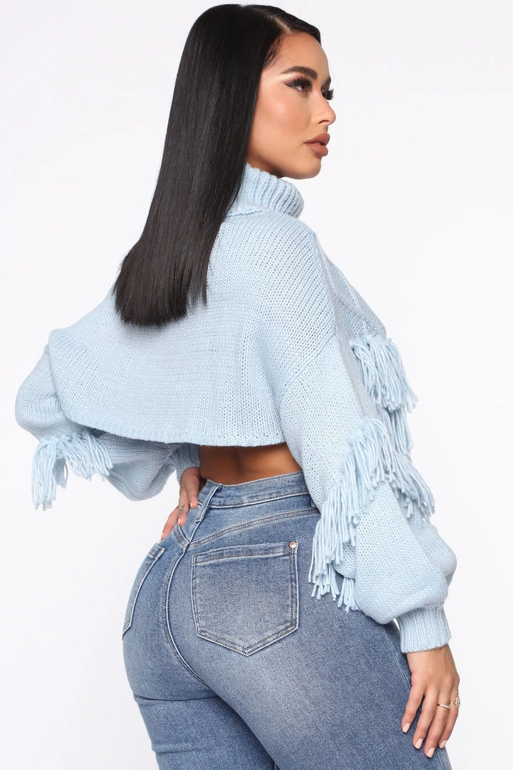 Fashion Nova Teddies & Babydolls Missing You Sometimes Fringe Sweater - Light Blue