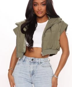 Fashion Nob Teddies & Babydolls Make Way Cropped Puffer Vest - Olive