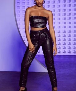 Fashion Nova Lia Vegan Leather Studded Pant - Black