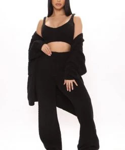 Fashion Nova Living In It Cozy 3 Piece Pant Set - Black