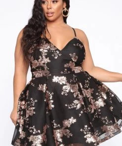 Mysite Farrah Fit And Flare Mini Dress - Black/Rose Gold DRESSES