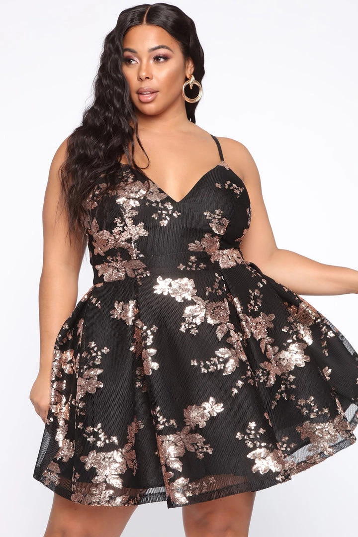 Mysite Farrah Fit And Flare Mini Dress - Black/Rose Gold DRESSES