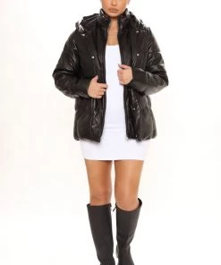 Fashion Nob Cool Girl Faux Leather Puffer Jacket - Black