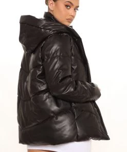 Fashion Nob Cool Girl Faux Leather Puffer Jacket - Black