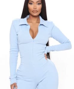 FashionNob Teddies & Babydolls Ashley Rib Jumpsuit - Light Blue