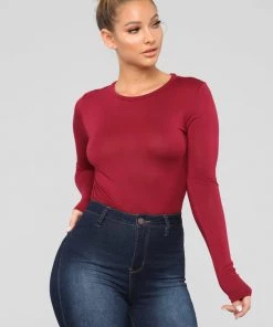 Fashion Nova Krystal Crew Neck Long Sleeve Top - Burgundy Teddies & Babydolls