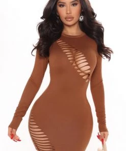 Fashion Nova Distressed And Impressed Mini Dress - Camel
