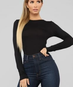 Fashion Nova Krystal Crew Neck Long Sleeve Top - Black Teddies & Babydolls