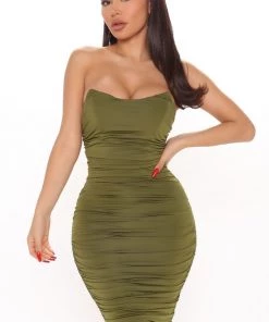 Fashion Nob DRESSES Night Thing Ruched Midi Dress - Olive