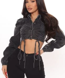 Fashion Nob Bust A Move Ruched Denim Jacket - Black