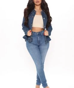 Fashion Nob Teddies & Babydolls Pushing Petals Peplum Denim Jacket - Dark Wash