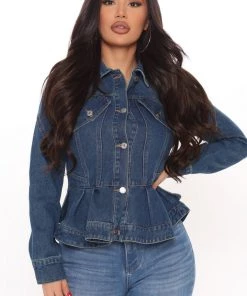 Fashion Nob Teddies & Babydolls Pushing Petals Peplum Denim Jacket - Dark Wash