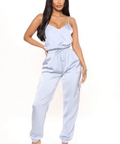 Fashion Nova Good Life Satin Jumpsuit - Light Blue Teddies & Babydolls