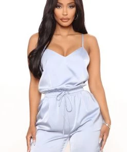 Fashion Nova Good Life Satin Jumpsuit - Light Blue Teddies & Babydolls