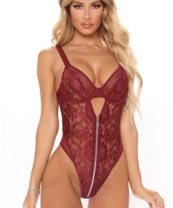 Fashion Nova Teddies & Babydolls See You In The Bedroom Lace Zipper Teddy - Wine