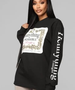 Fashion Nova Teddies & Babydolls Hennything Is Possible LS Top - Black