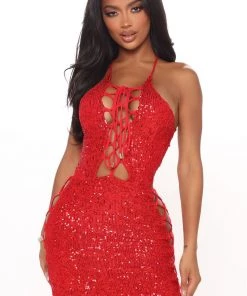 Mysite X's And O's Lace Up Sequin Mini Dress - Red Club