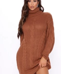 Fashion Nob DRESSES Knit Decision Sweater Mini Dress - Cognac