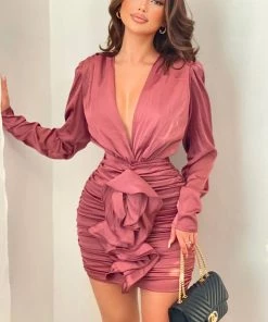 Mysite New Today All Ruffled Up Satin Mini Dress - Mauve