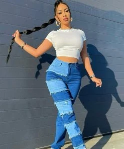 FashionNob Breaking Barriers Patchwork Straight Leg Jeans - Medium Blue Wash New Today