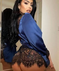 Fashion Nob Bring Your Passion Lace Satin Robe - Blue/Black Sleepwear & Robes