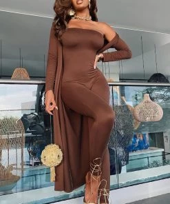 FashionNob Buenos Aires Jumpsuit Cardigan Set - Brown Teddies & Babydolls