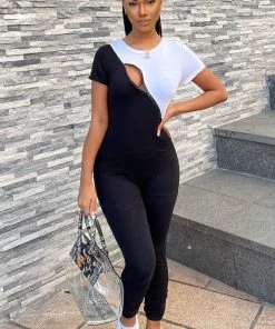 Mysite Teddies & Babydolls Built In Comfort Color Block Jumpsuit - Black/White