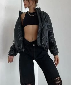 Fashion Nob Can't Blame You Faux Leather Puffer Jacket - Black