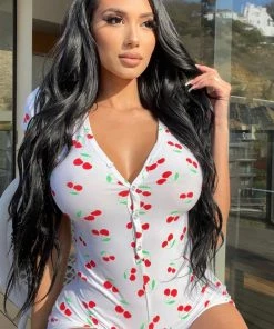 Fashion Nob Cherry Bomb PJ Short Sleeve Romper Onesie - White/combo