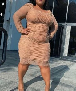 Fashion Nob Did You Mesh Me Ruched Midi Dress - Nude DRESSES