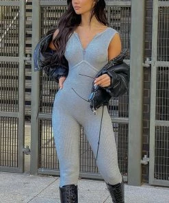 Mysite Essential Ribbed For Days Jumpsuit - Heather Grey