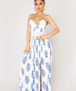 Mysite Holy Slit Dress - Ivory/Royal New Today