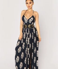 Mysite New Today Holy Slit Dress - Navy/Taupe