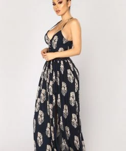 Mysite New Today Holy Slit Dress - Navy/Taupe